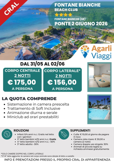 Fontane Bianche Beach Club**** - Fontane Bianche (SR)    ponte 2 giugno 2026